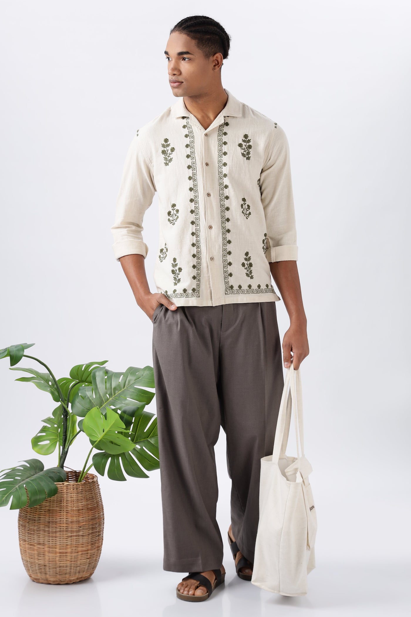 Olive Grove Pure Cotton-Linen Embroidered Shirt