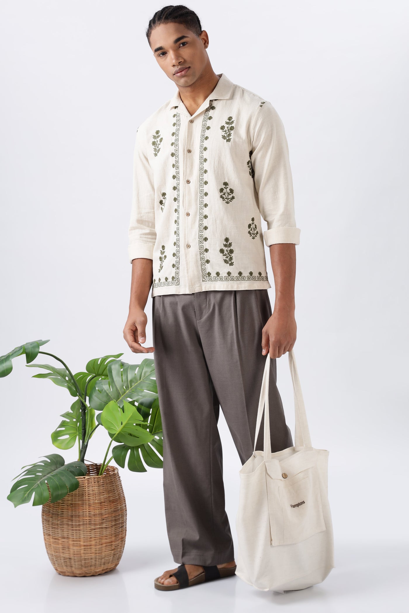 Olive Grove Pure Cotton-Linen Embroidered Shirt