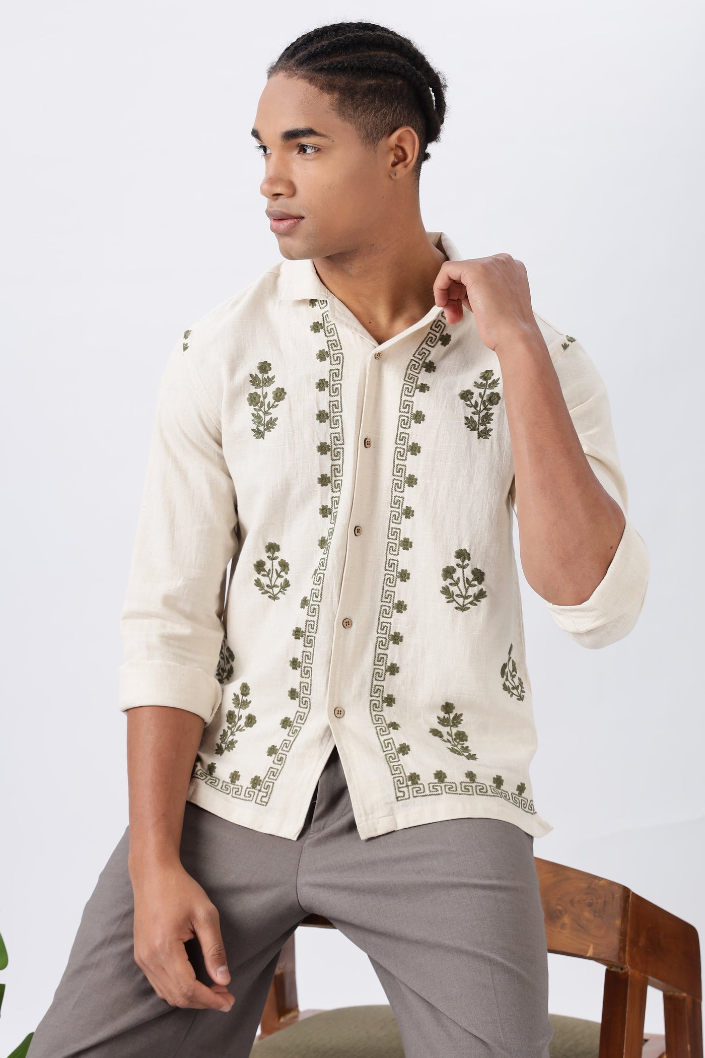 Olive Grove Pure Cotton-Linen Embroidered Shirt