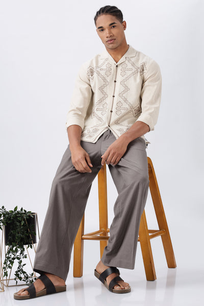 Texas Beige Camp Collar Full-sleeve Embroidery Shirt