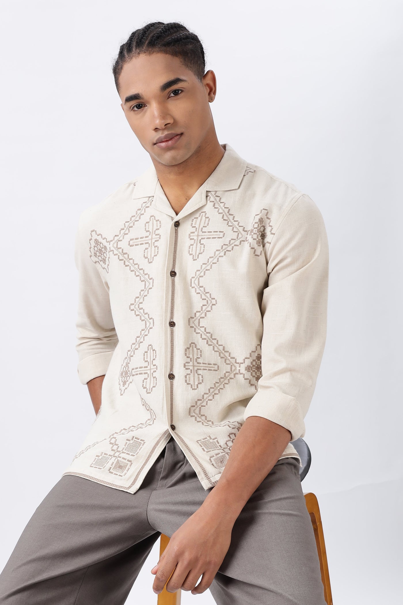 Texas Beige Camp Collar Full-sleeve Embroidery Shirt