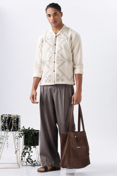 Texas Beige Camp Collar Full-sleeve Embroidery Shirt