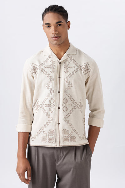 Texas Beige Camp Collar Full-sleeve Embroidery Shirt