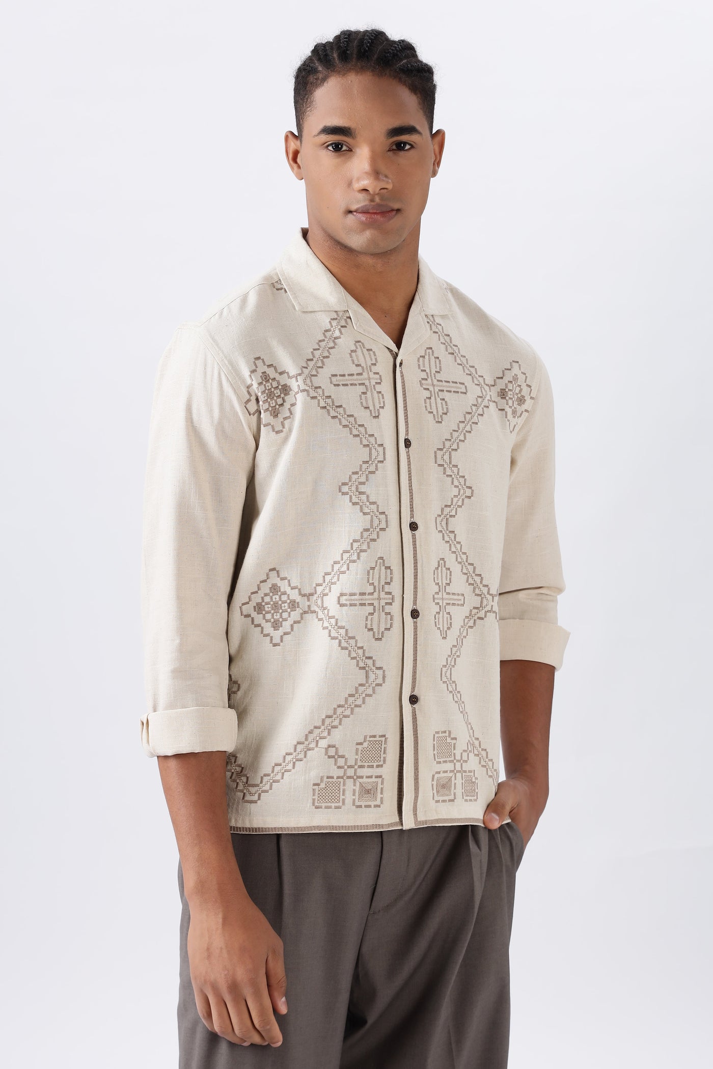 Texas Beige Camp Collar Full-sleeve Embroidery Shirt