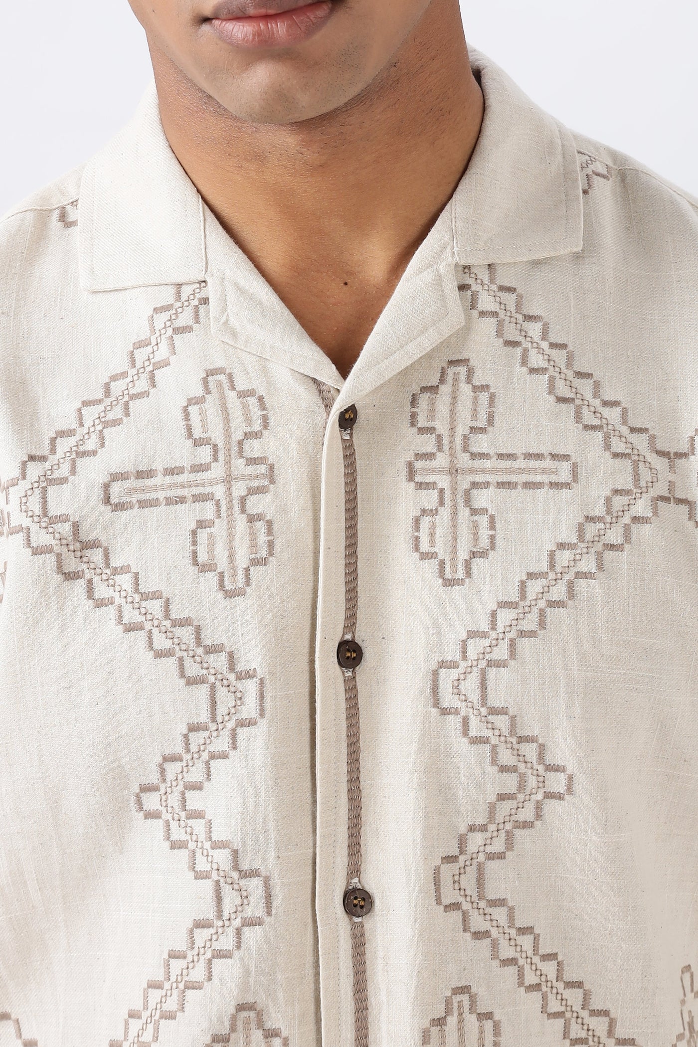 Texas Beige Camp Collar Full-sleeve Embroidery Shirt