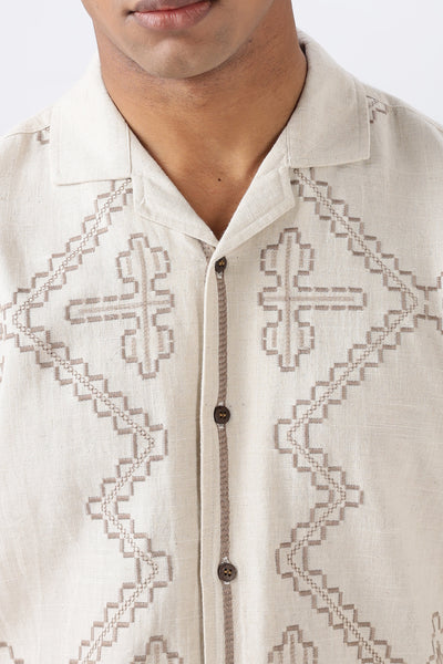 Texas Beige Camp Collar Full-sleeve Embroidery Shirt