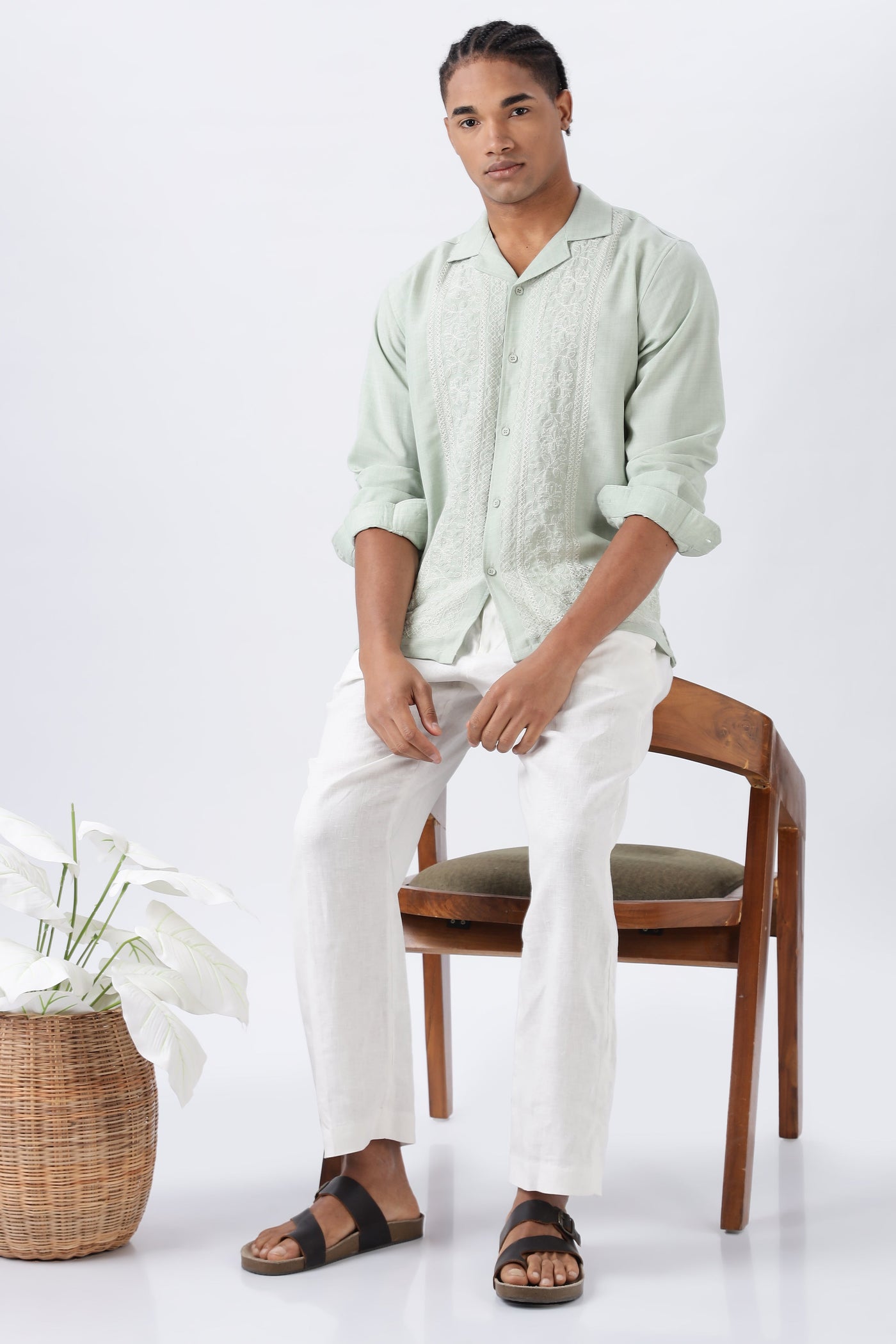 Palm Trail Cotton Embroidered Sage Shirt