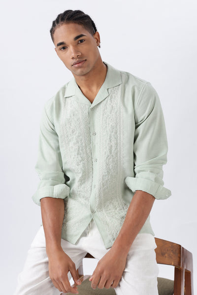 Palm Trail Cotton Embroidered Sage Shirt