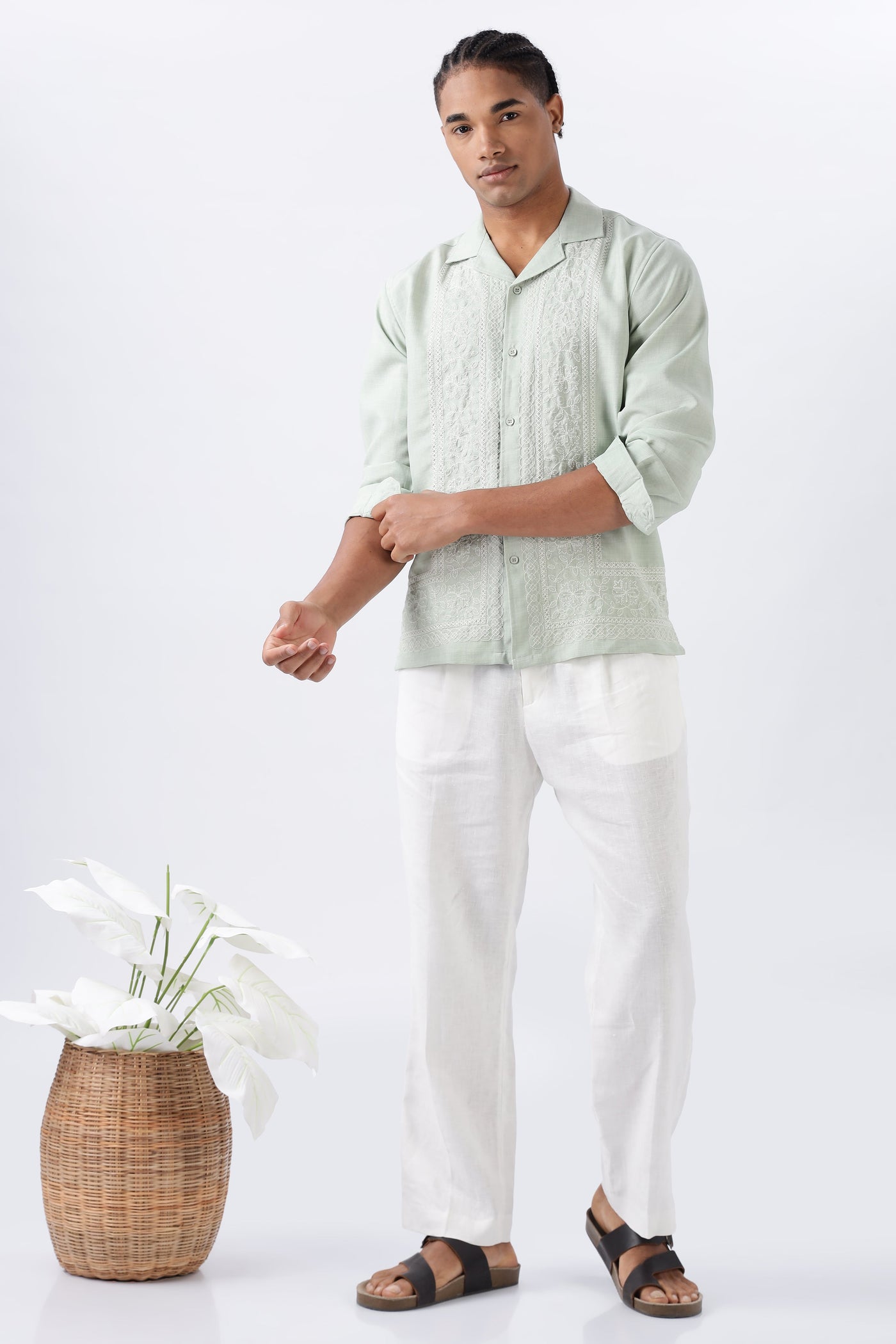 Palm Trail Cotton Embroidered Sage Shirt