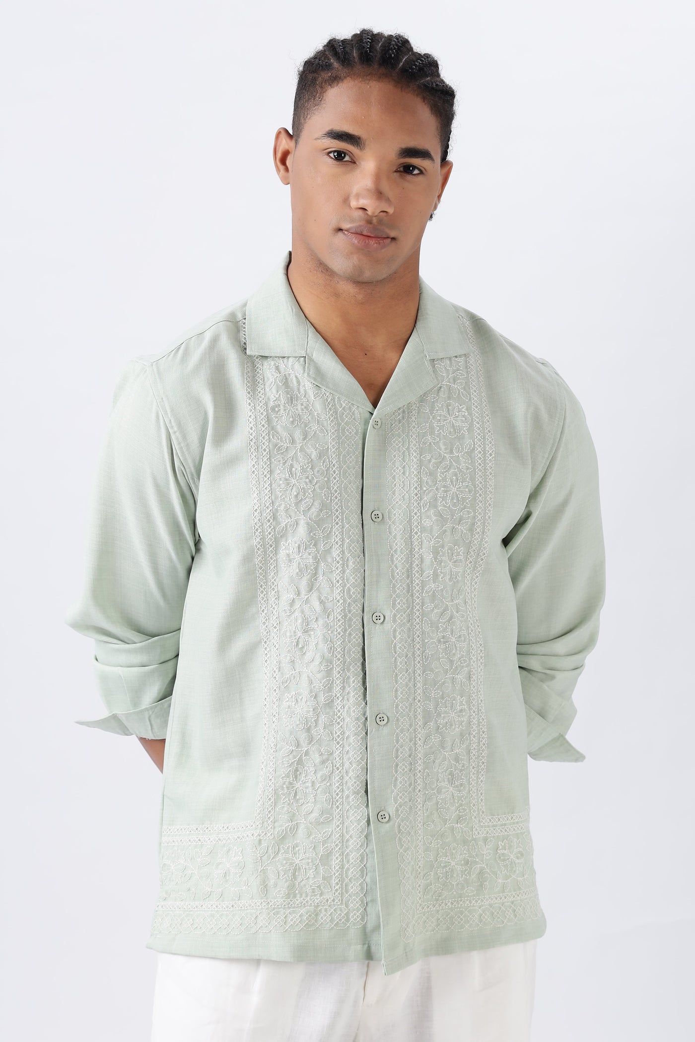 Palm Trail Cotton Embroidered Sage Shirt