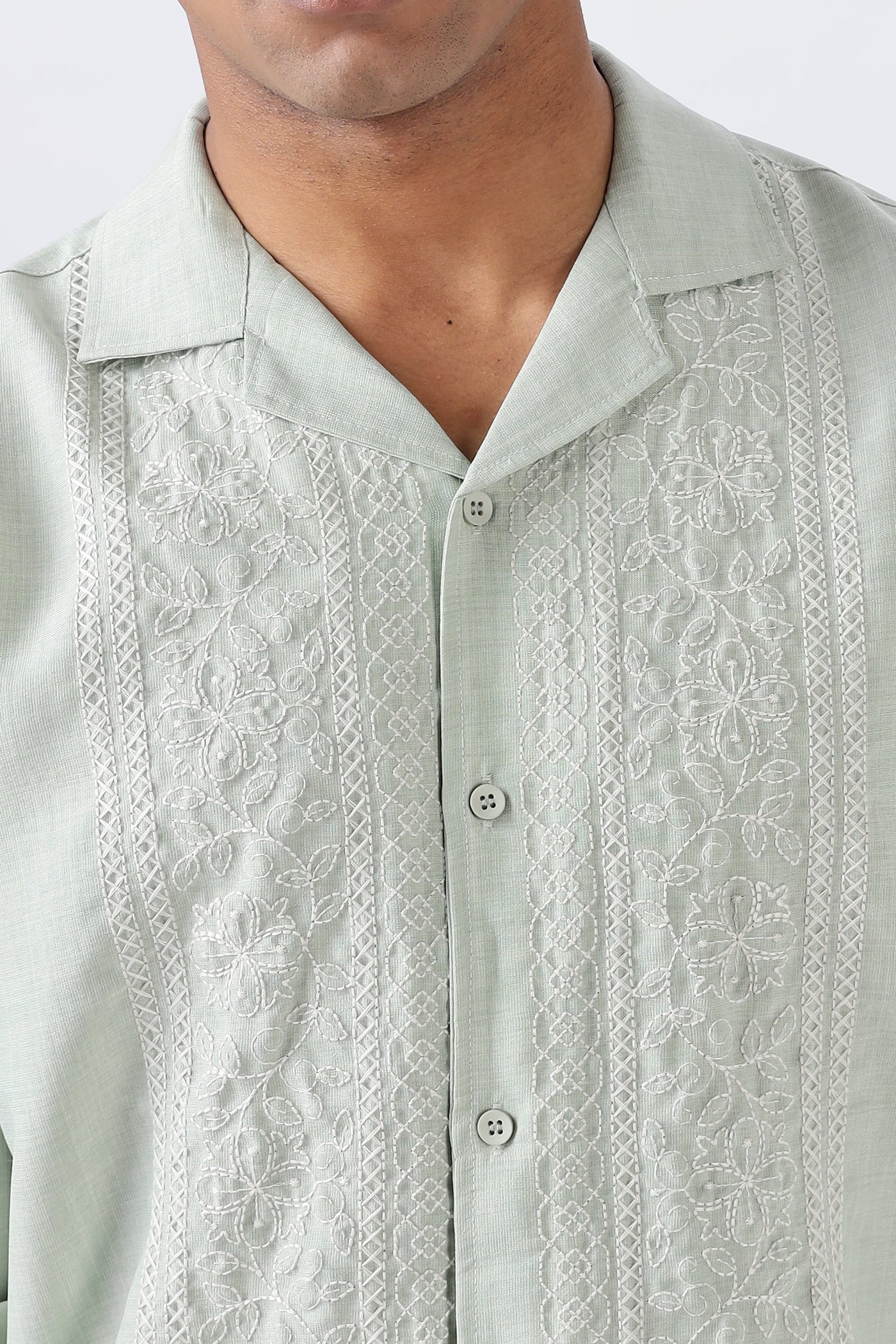 Palm Trail Cotton Embroidered Sage Shirt