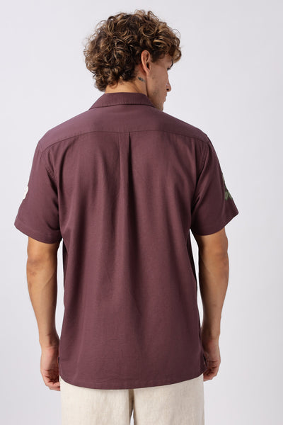 Wine Bloom Embroidered Cuban Collar Shirt