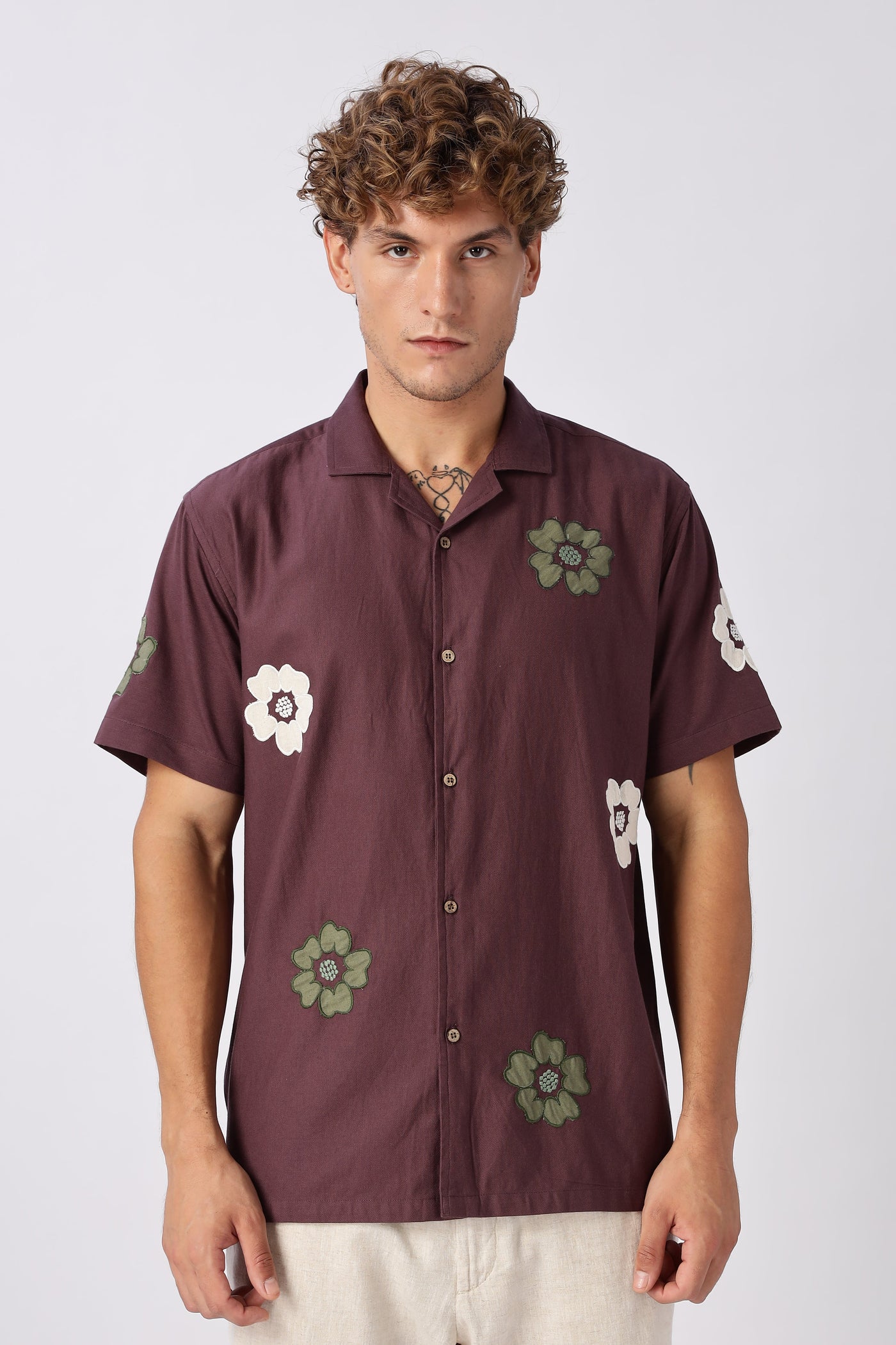 Wine Bloom Embroidered Cuban Collar Shirt