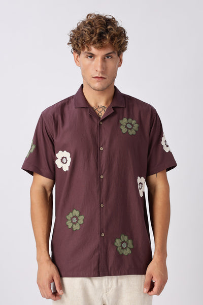 Wine Bloom Embroidered Cuban Collar Shirt