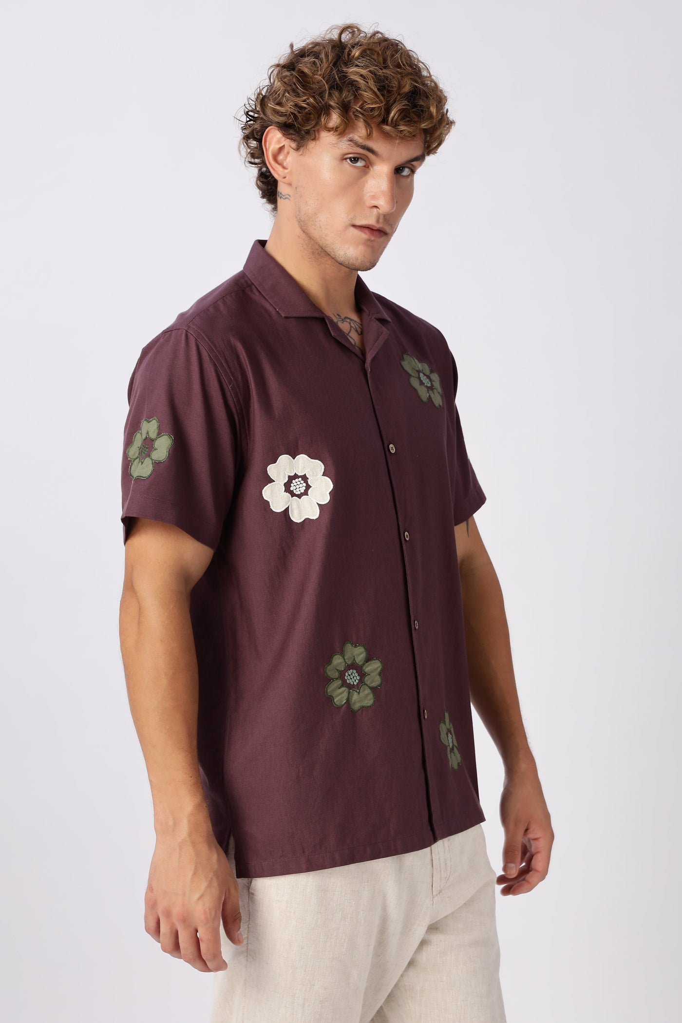Wine Bloom Embroidered Cuban Collar Shirt