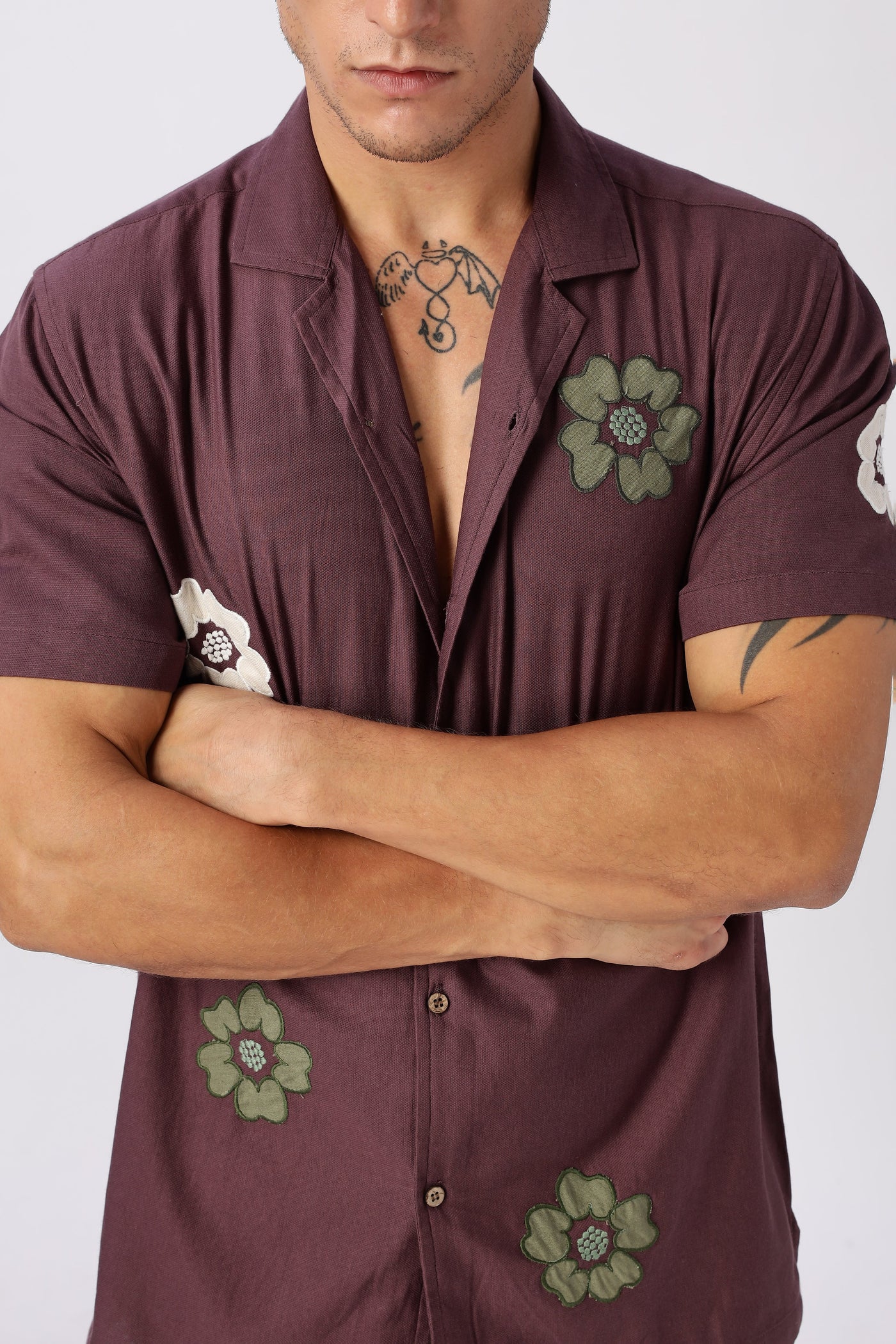 Wine Bloom Embroidered Cuban Collar Shirt