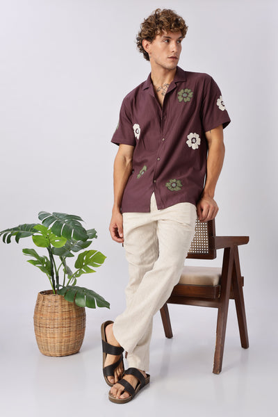 Wine Bloom Embroidered Cuban Collar Shirt