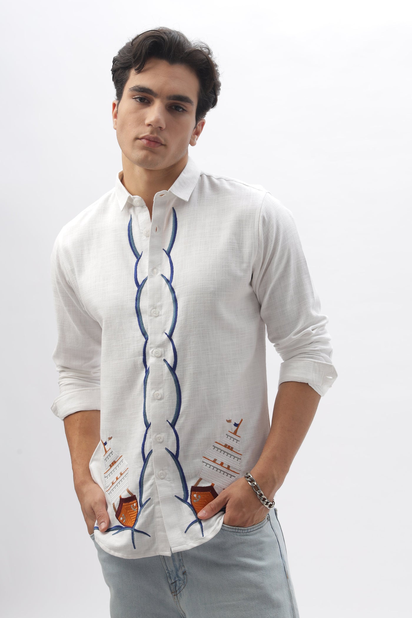 Brigantines Boat Front and Back White Embroidery Shirt