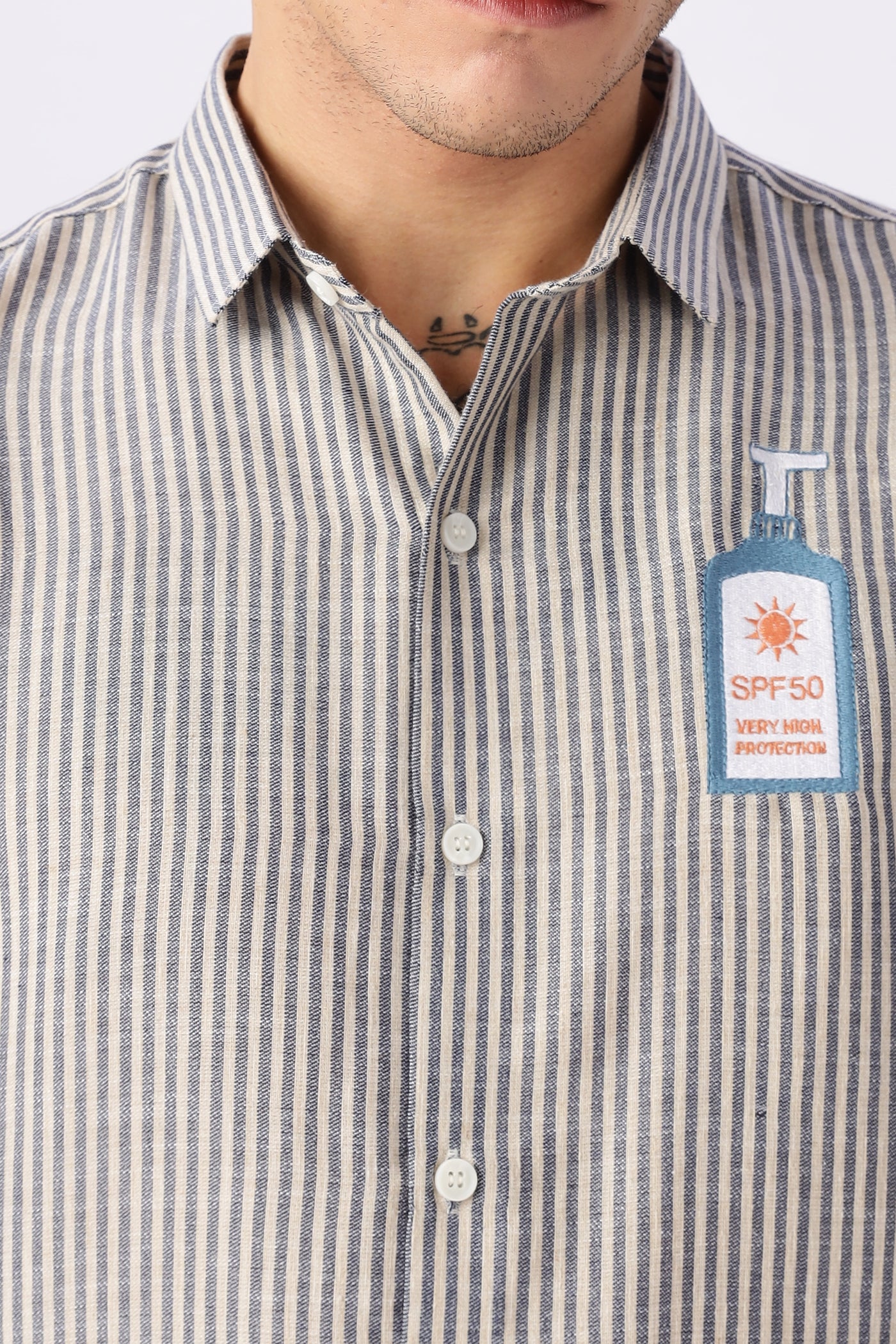 Certified Sunblocker Embroidery Striped Shirt