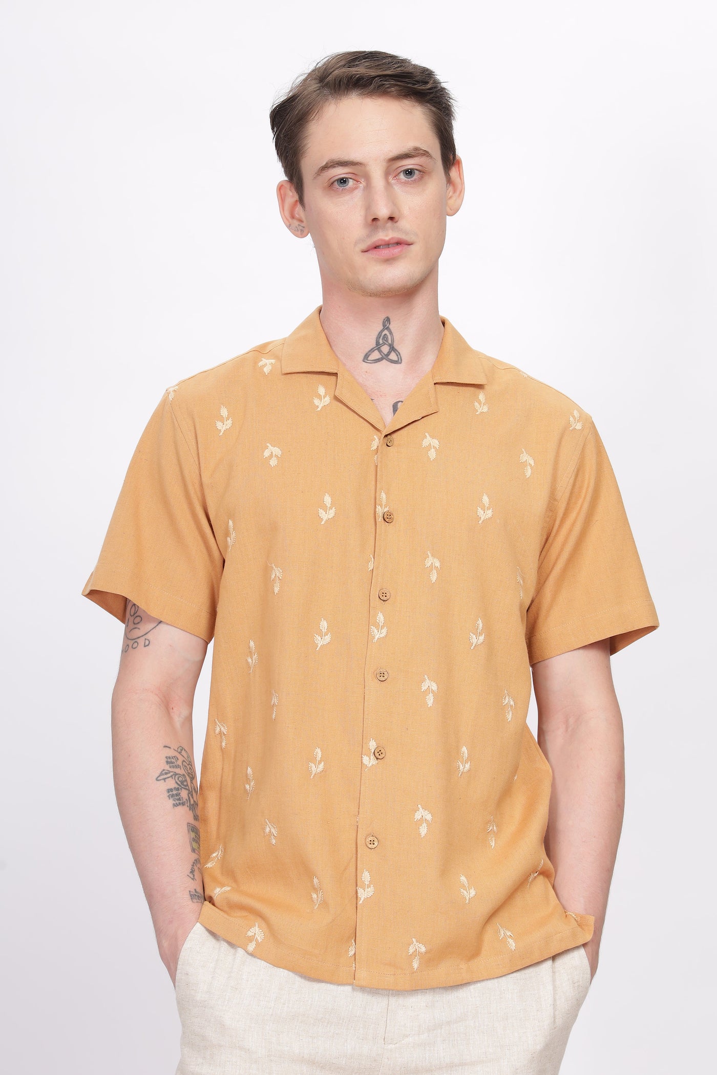 Mexico Orange All-Over Embroidery Camp Collar Shirt
