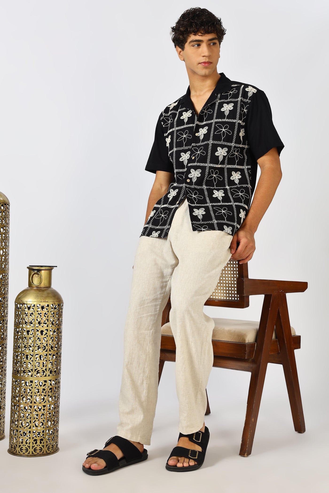 Starlit Petal Embroidered Cuban Collar Shirt