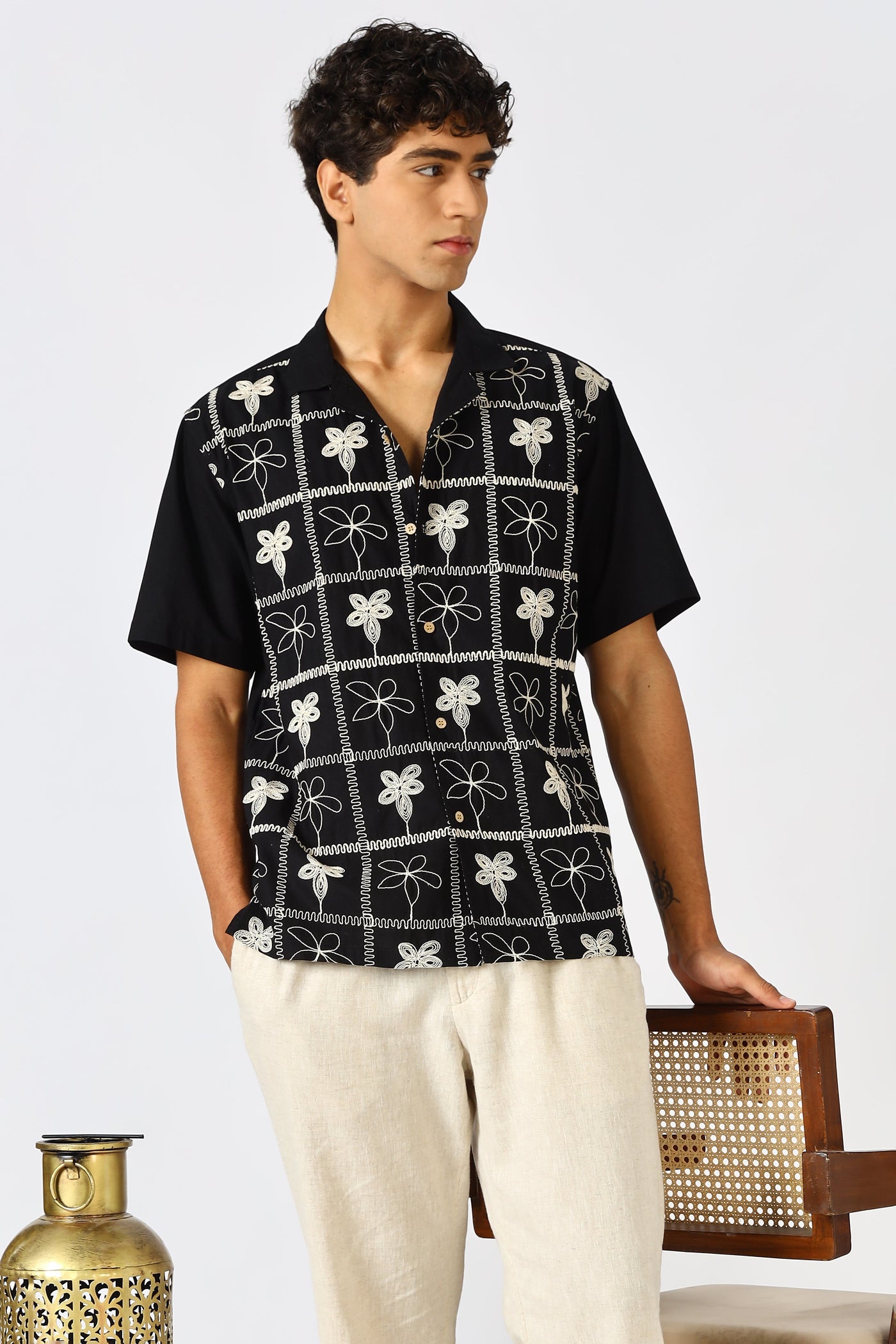Starlit Petal Embroidered Cuban Collar Shirt