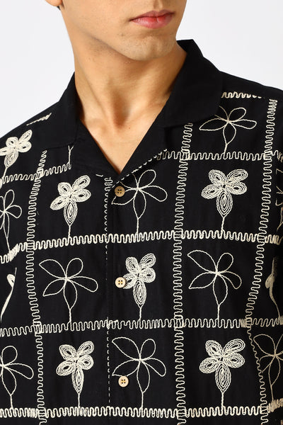 Starlit Petal Embroidered Cuban Collar Shirt