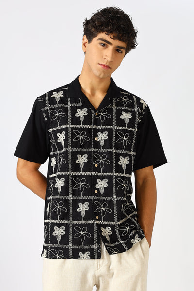 Starlit Petal Embroidered Cuban Collar Shirt