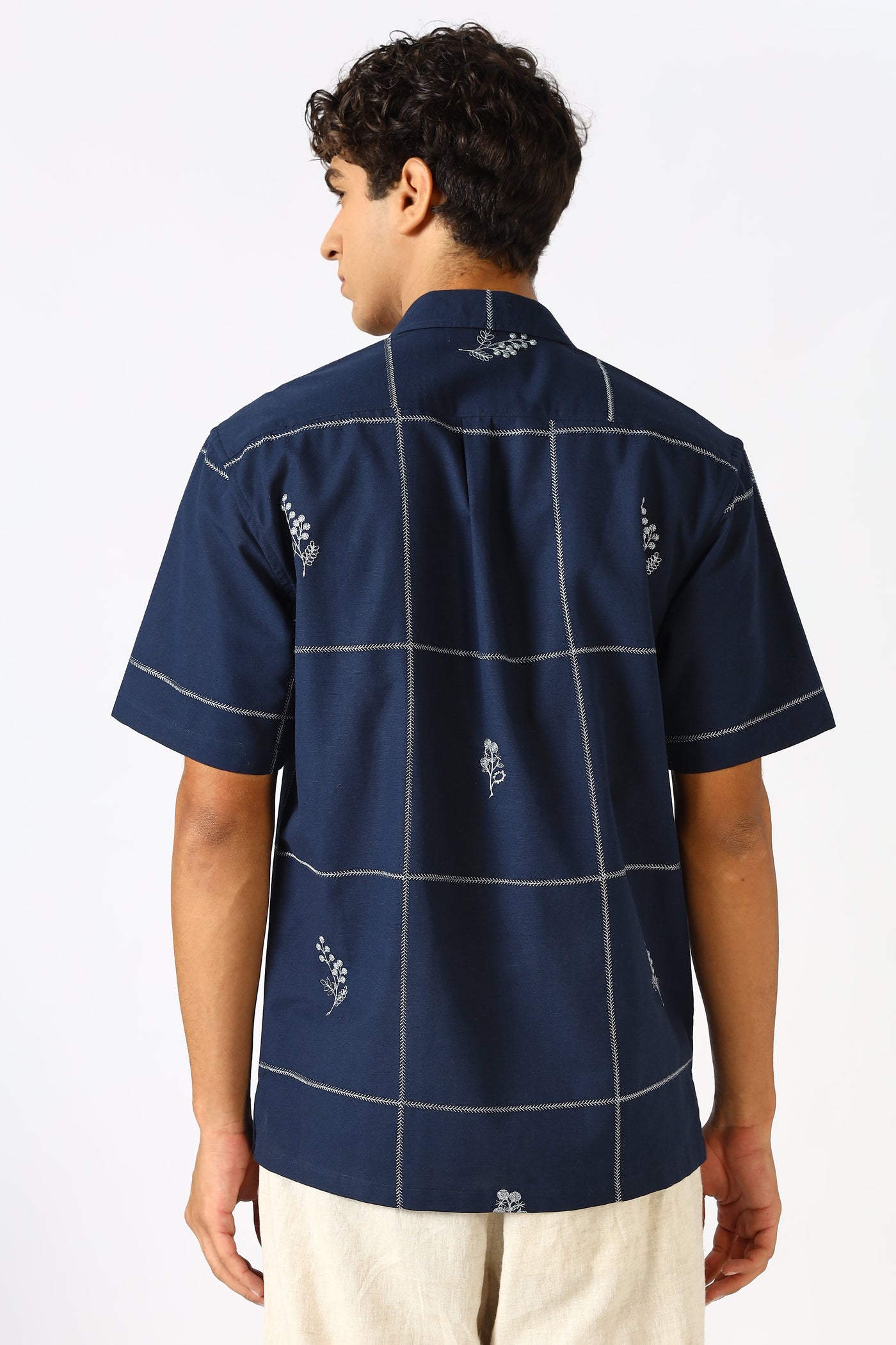 Coastal Grid Embroidered Cuban White Shirt