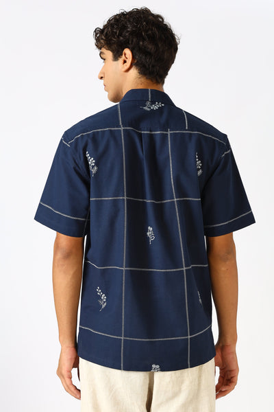 Coastal Grid Embroidered Cuban White Shirt