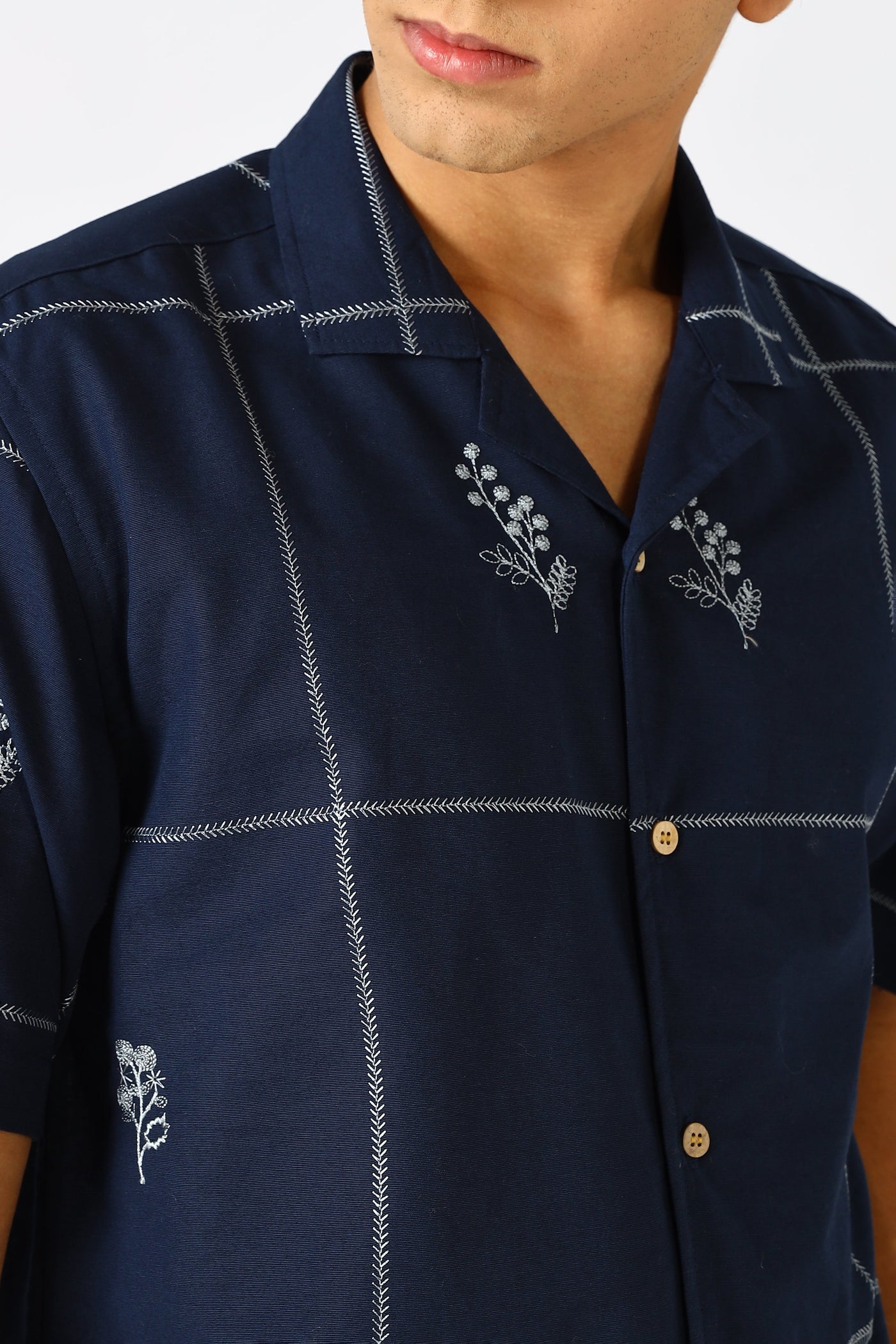 Coastal Grid Embroidered Cuban White Shirt