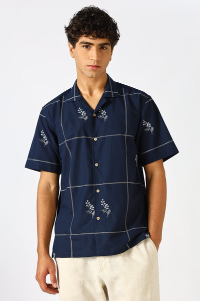 Coastal Grid Embroidered Cuban White Shirt