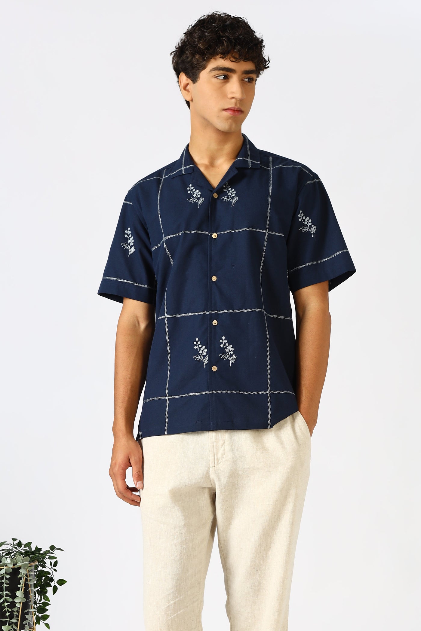 Coastal Grid Embroidered Cuban White Shirt