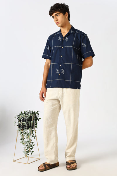Coastal Grid Embroidered Cuban White Shirt