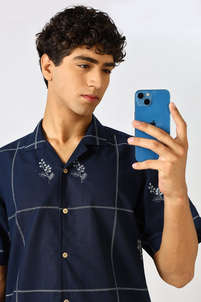 Coastal Grid Embroidered Cuban White Shirt