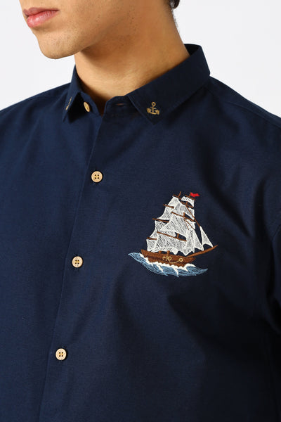 Ocean Voyage Blue Embroidered Shirt