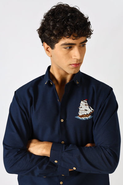 Ocean Voyage Blue Embroidered Shirt