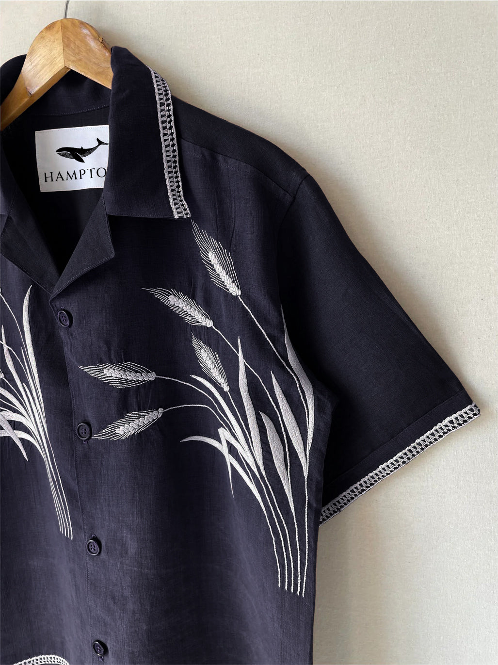 Houston Barley Navy Blue Embroidery Box Fit Shirt
