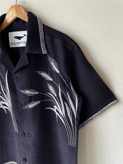 Houston Barley Navy Blue Embroidery Box Fit Shirt