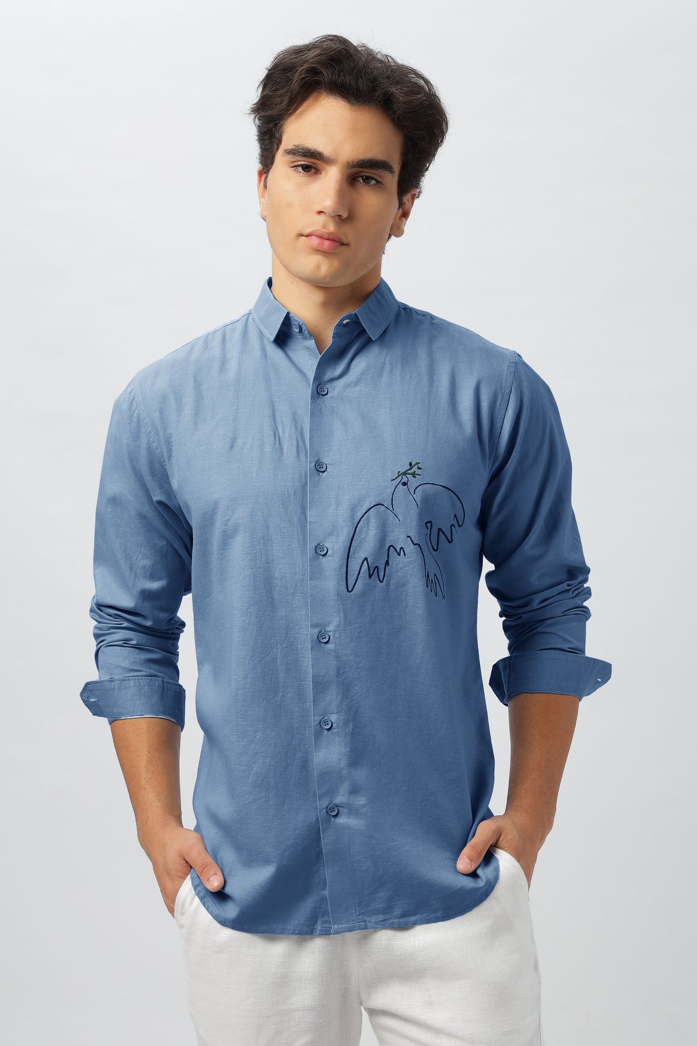 Emblem Of Peace Blue Embroidery Linen Shirt