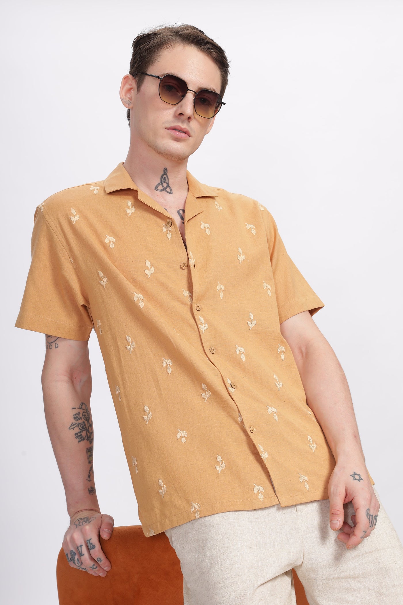 Mexico Orange All-Over Embroidery Camp Collar Shirt