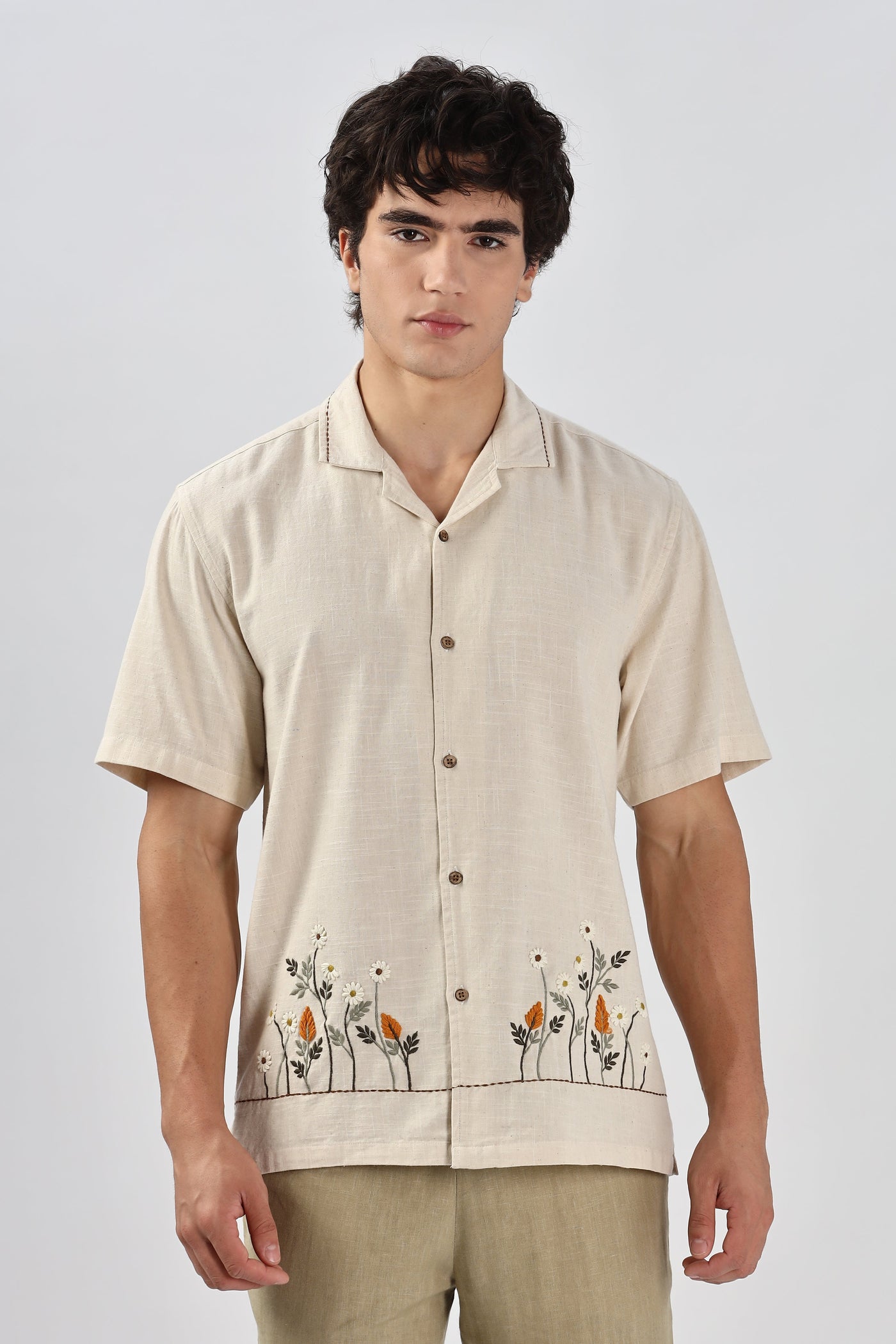 Flowers & Whispers 100% Natural Beige Embroidery Shirt
