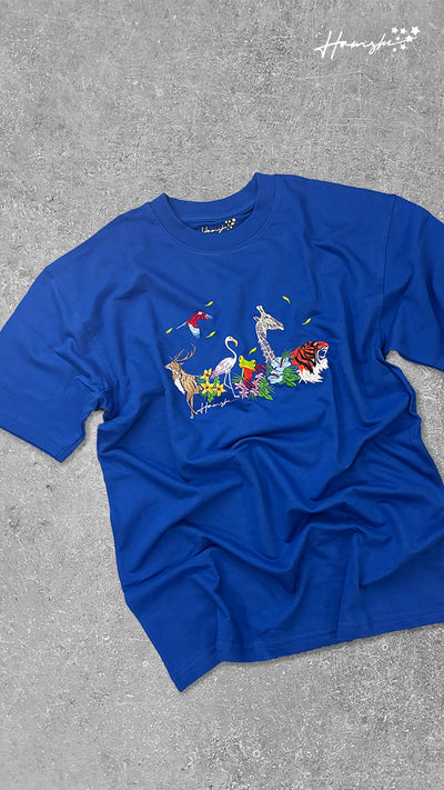 Jungle Biodiversity Embroidery T-shirt - Blue