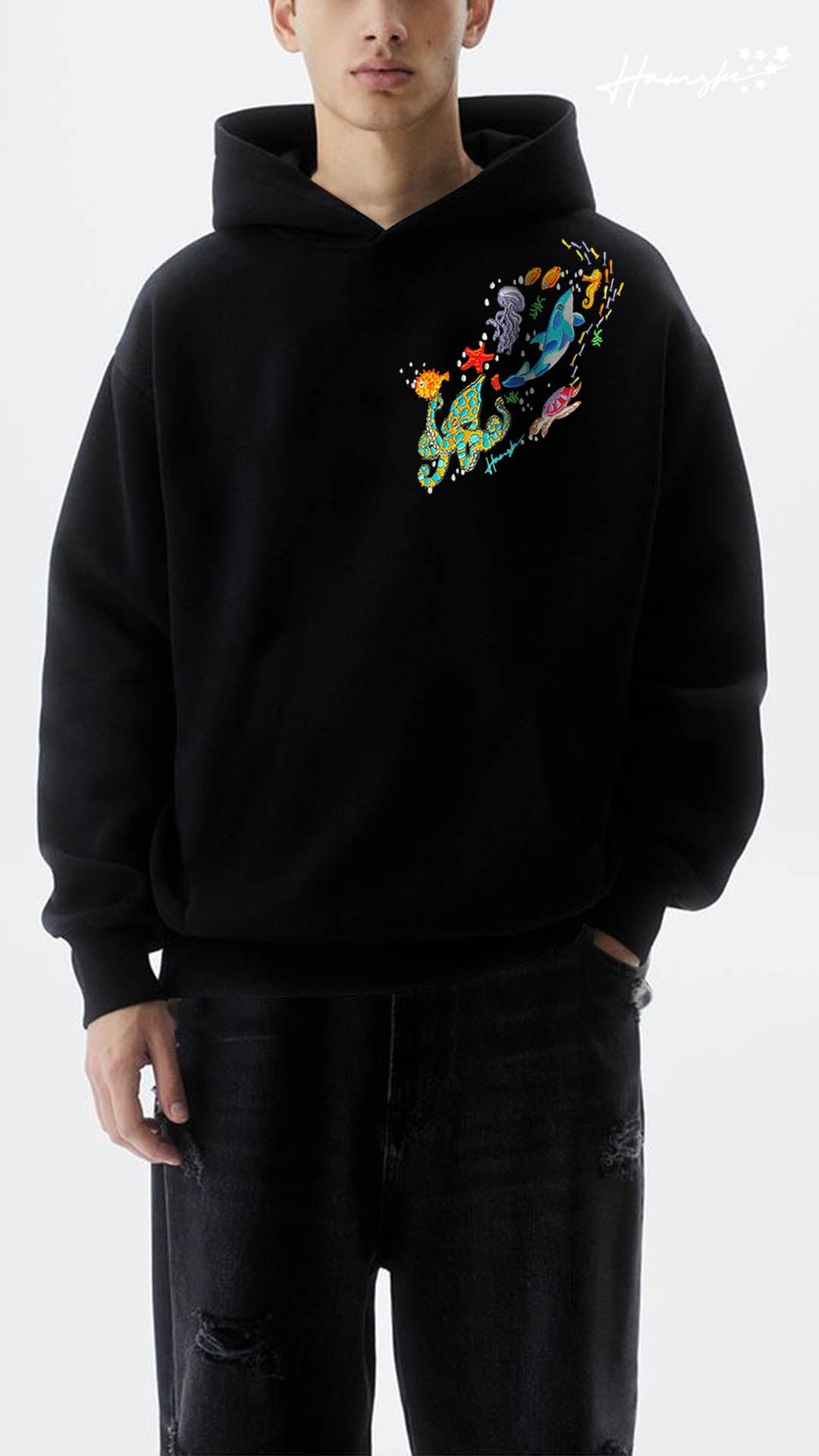Marine Embroidery Hoodie - Black
