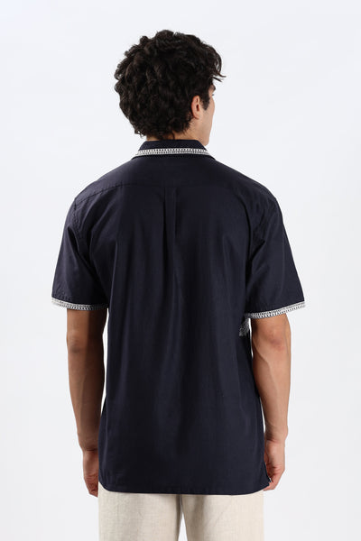 Houston Barley Navy Blue Embroidery Box Fit Shirt