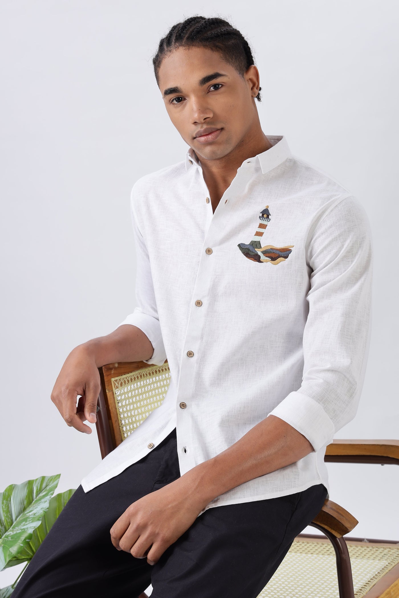 Summer White Lighthouse embroidery Shirt