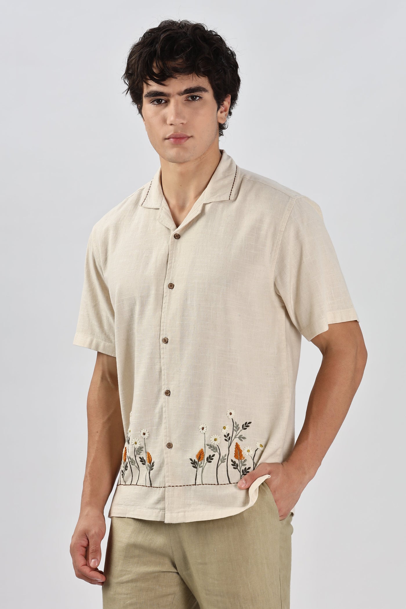 Flowers & Whispers 100% Natural Beige Embroidery Shirt