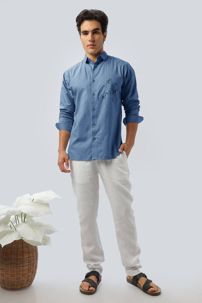 Emblem Of Peace Blue Embroidery Linen Shirt