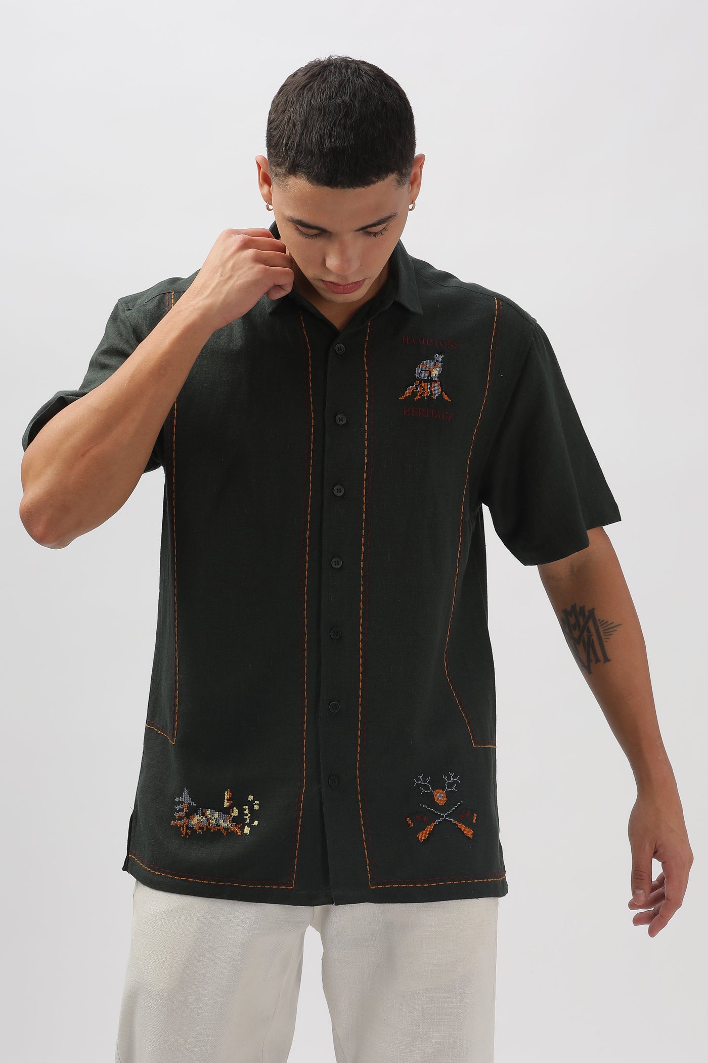 Cuenca Green All Over Embroidery Box Fit Shirt