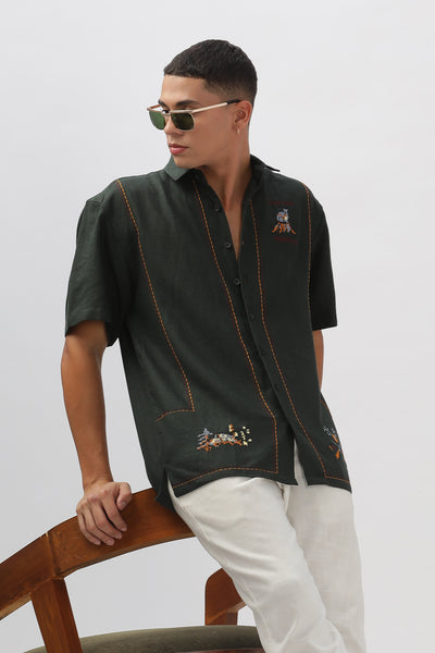 Cuenca Green All Over Embroidery Box Fit Shirt